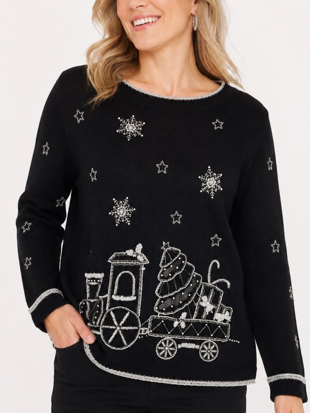 Victoria Jones Christmas Sweater L Black Beaded Holiday Train Tree Snowflakes
